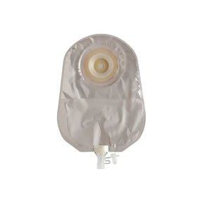 Ostomy pouch with adhesive barrier and drainage tap for medical use on white background