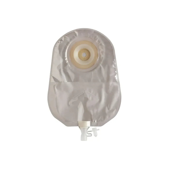Ostomy pouch with adhesive barrier and drainage tap for medical use on white background