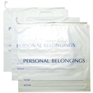 Clear plastic personal belongings bags for hospital or medical use, labeled with name and room sections.