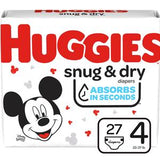 Huggies Snug & Dry diapers size 4, 27 count, Mickey Mouse design, absorbs in seconds