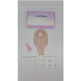 ostomy bag kit with skin barrier rings, clip, and Safe n Simple packaging on white background