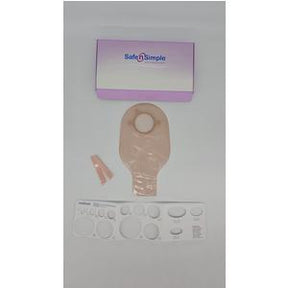 ostomy bag kit with skin barrier rings, clip, and Safe n Simple packaging on white background