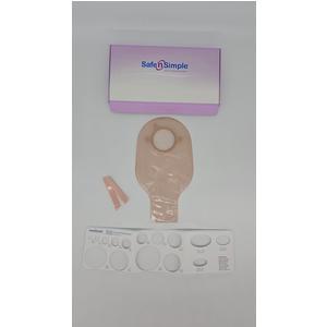 ostomy bag kit with skin barrier rings, clip, and Safe n Simple packaging on white background