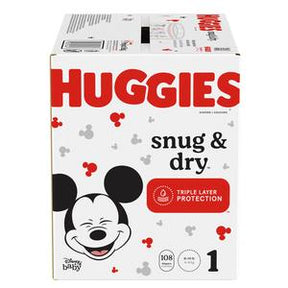 Box of Huggies Snug & Dry disposable diapers with Mickey Mouse design, size 1, 108 count