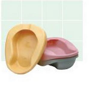 Two plastic bedpans in yellow and pink for home medical care on a tiled background