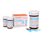 iHealth blood glucose test strips and packaging with three vials and loose strips on white background