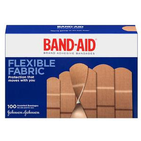 Box of flexible fabric adhesive bandages assorted sizes for wound care