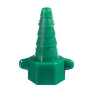 Green plastic medical connector with barbed tip for tubing or medical devices
