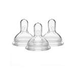 Three clear silicone baby bottle nipples for infant feeding, isolated on white background
