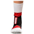 Child wearing a white and red Marvel-themed compression sock, front view