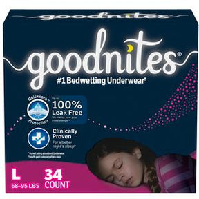 Goodnites bedwetting underwear large 34 count package with sleeping child and product features