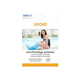 Cast and bandage protector package showing woman by pool with leg cover