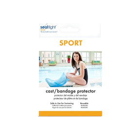 Cast and bandage protector package showing woman by pool with leg cover
