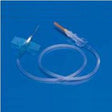 Butterfly infusion set medical supply with tubing on blue background