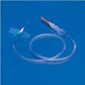 Butterfly infusion set medical supply with tubing on blue background