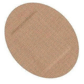 Oval adhesive bandage 1 x 1 inch, tan color, fabric texture, medical wound care