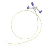 Medical catheter with multiple purple connectors on a white background