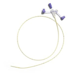 Medical catheter with multiple purple connectors on a white background