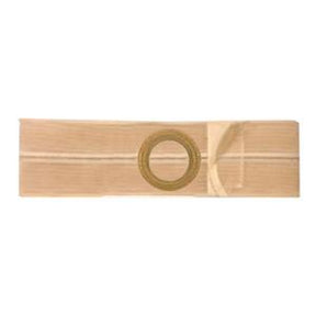 Beige ostomy support belt with circular opening, designed for stoma care and medical use