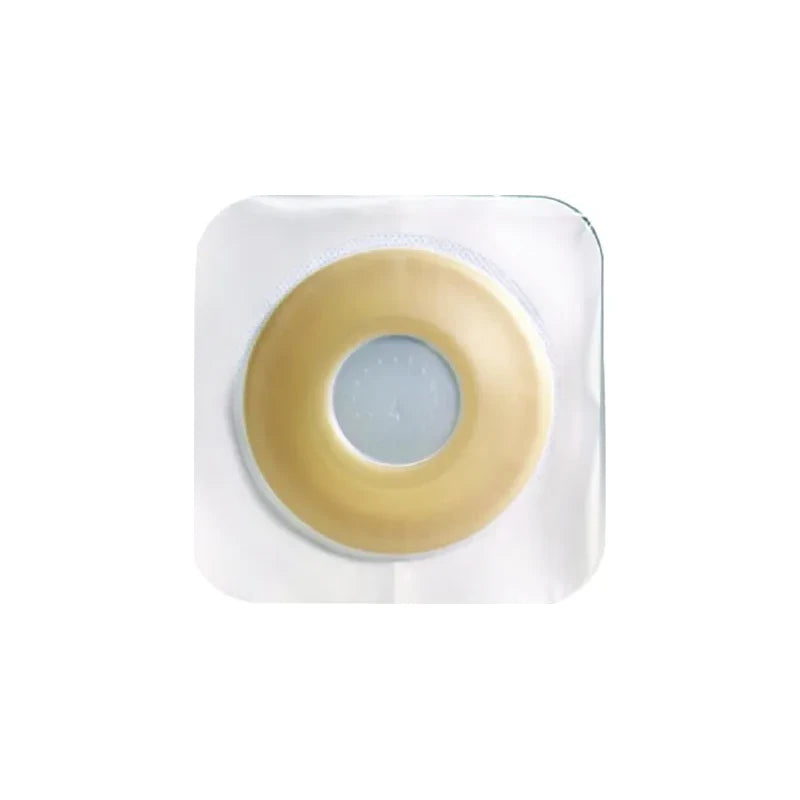 Adhesive hydrocolloid skin barrier for ostomy, round with central opening, on white background