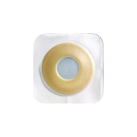 Adhesive hydrocolloid skin barrier for ostomy, round with central opening, on white background