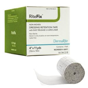 Non-woven dressing retention tape roll with RiteFix box for medical wound care.