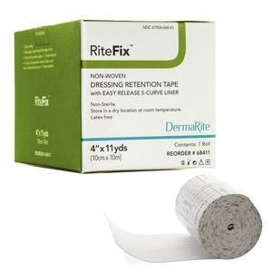 Non-woven dressing retention tape roll with RiteFix box for medical wound care.