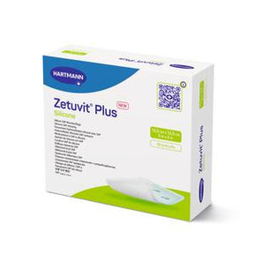 Zetuvit Plus Silicone wound dressing box, white packaging with blue and green accents.