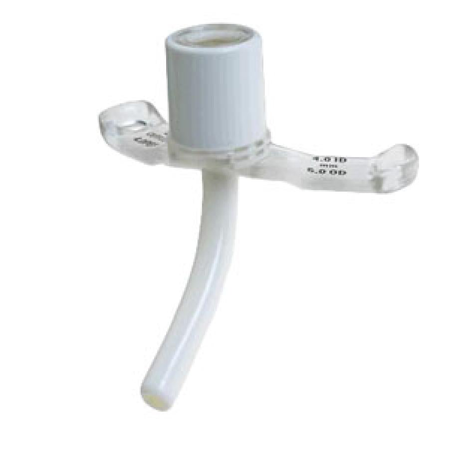 Medical tracheostomy tube with clear flange and white connector for airway management