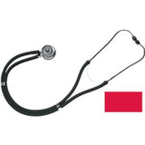 Black medical stethoscope with red rectangular background for healthcare supplies