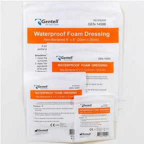 Gentell waterproof foam dressings in various sizes for wound care, medical supplies.