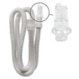 Flexible white medical tubing with a close-up of clear plastic connectors for respiratory therapy