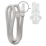 Flexible white medical tubing with a close-up of clear plastic connectors for respiratory therapy