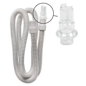 Flexible white medical tubing with a close-up of clear plastic connectors for respiratory therapy
