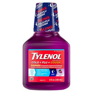 Tylenol Cold Flu Cough liquid medicine bottle, 8 fl oz, for multi-symptom relief