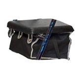 Black walker basket with lid attached to mobility aid frame