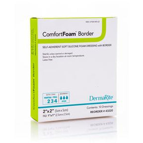 ComfortFoam Border silicone foam dressing box for wound care, 2x2 inch, sterile, 10 dressings