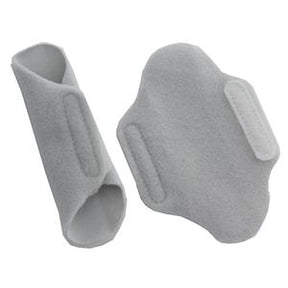 Pair of gray medical arm protectors with Velcro straps for comfort and skin protection