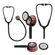 Rainbow chestpiece stethoscope with black tubing, multiple angles, on white background