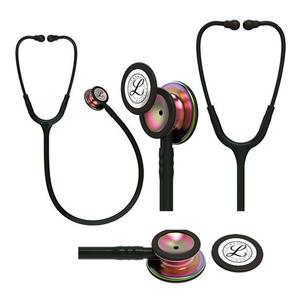 Rainbow chestpiece stethoscope with black tubing, multiple angles, on white background