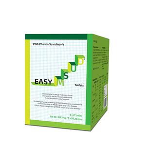 Box of EASYMSUD tablets for medical supplies, green packaging with product information.