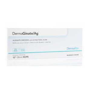 Box of DermaGinate/Ag alginate dressing with antibacterial silver for wound care, 12-inch rope