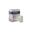 Package of medical gauze rolls with one unrolled, for wound care and bandaging