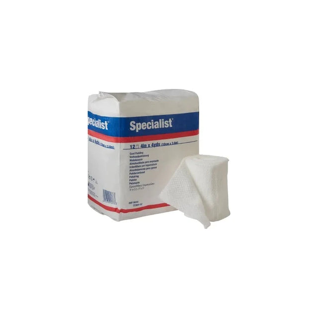 Package of medical gauze rolls with one unrolled, for wound care and bandaging