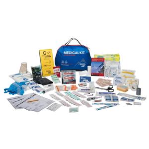 Comprehensive home medical kit with gloves, bandages, syringes, gauze, and first aid supplies