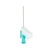 Safety butterfly IV catheter with needle and protective cap on white background