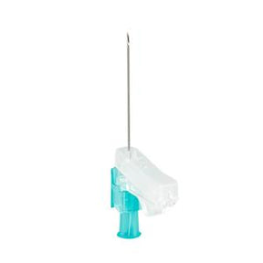 Safety butterfly IV catheter with needle and protective cap on white background