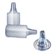 Clear disposable thermometer probe covers stacked and arranged on a white background