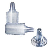 Clear disposable thermometer probe covers stacked and arranged on a white background