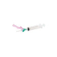 Sterile medical syringe with safety needle cap on white background